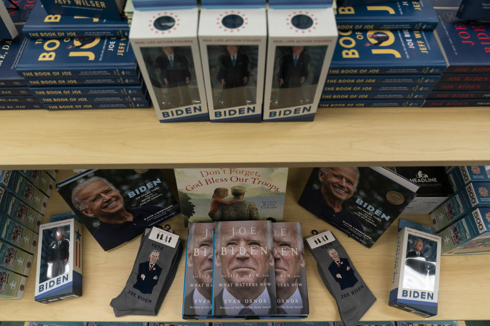 A display of President-elect Joe Biden and Jill Biden books and keepsakes are available at Browseabout Books, Friday, Nov. 13, 2020, in Rehoboth Beach, Del. (AP Photo/Alex Brandon)