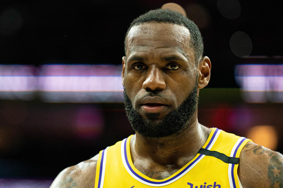 Jan 25, 2020; Philadelphia, Pennsylvania, USA; Los Angeles Lakers forward LeBron James (23) looks on during a game against the Philadelphia 76ers at Wells Fargo Center. Mandatory Credit: Bill Streicher-USA TODAY Sports