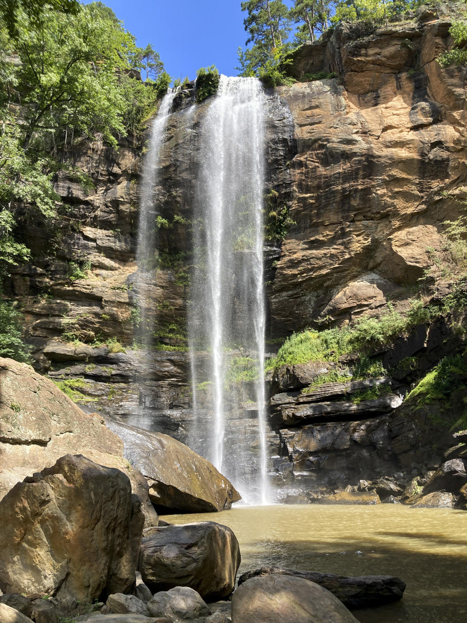 Toccoa Falls in Toccoa, Ga., is shown on Thursday, Aug. 4, 2022. Republicans in Georgia increasingly rely on voters in north Georgia areas including Toccoa as their margins shrink in suburban Atlanta. (AP Photo/Jeff Amy)