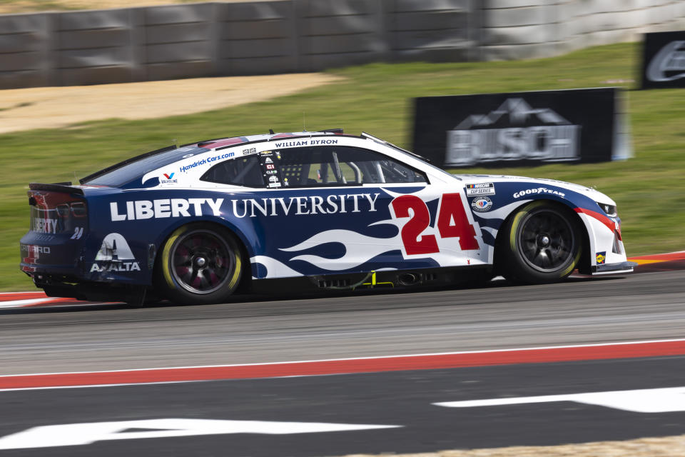 William Byron (24) steers through Turn 15 during a NASCAR Cup Series auto race at Circuit of the Americas, Sunday, March 26, 2023, in Austin, Texas. (AP Photo/Stephen Spillman)