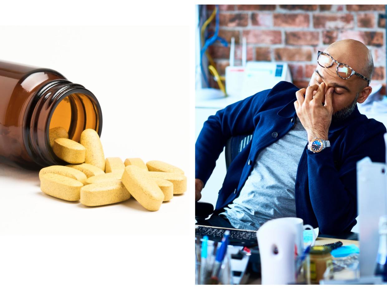 Split image of vitamin B12 tablets and a tired-looking man stock image.