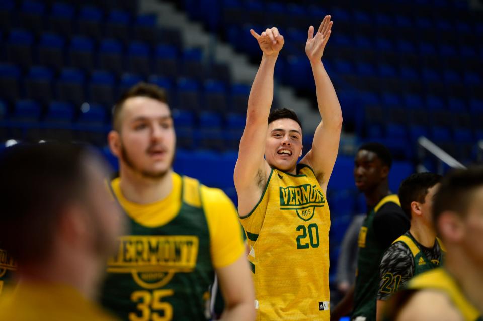 UVM guard Ernie Duncan elevates for a jump shot during practice at the XL Center ahead of the Catamounts' 2019 NCAA tournament game in Hartford, Connecticut.