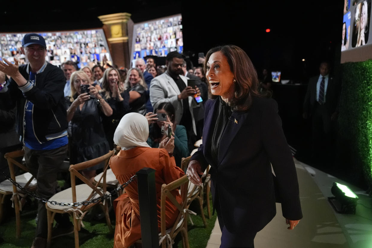 Democratic presidential nominee Vice President Kamala Harris arrives to join Oprah Winfrey at Oprah's Unite for America Live Streaming event Thursday, Sept. 19, 2024 in Farmington Hills, Mich. (AP Photo/Paul Sancya)