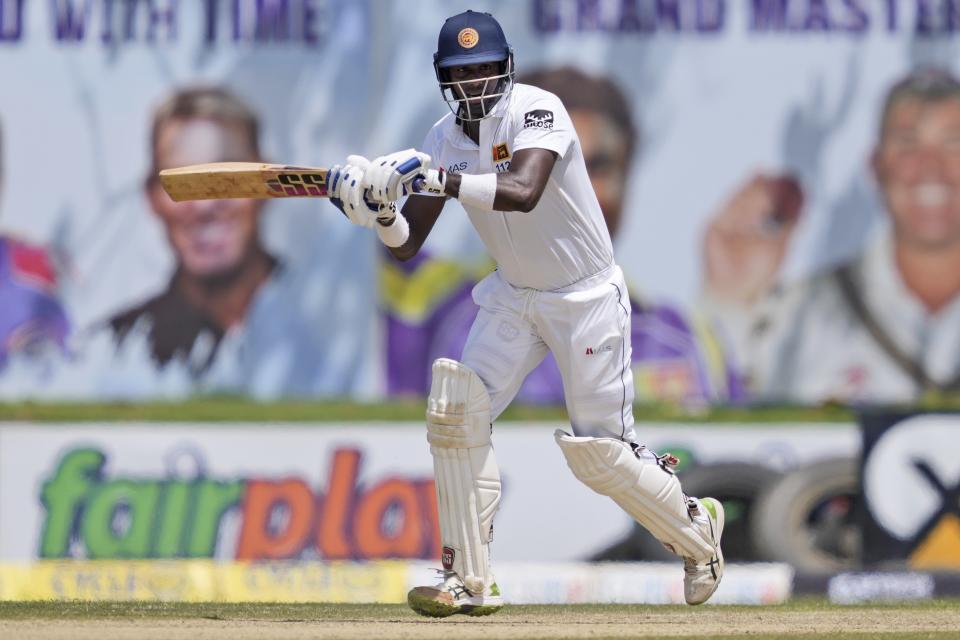 Sri Lanka's Angelo Mathews playa shot during the day one of the first test cricket match with Australia in Galle, Sri Lanka, Wednesday, June 29, 2022. (AP Photo/Eranga Jayawardena)