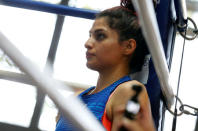 Iranian boxer Sadaf Khadem attends a training session in preparation to her first official boxing bout in Royan, France, April 11, 2019. REUTERS/Regis Duvignau