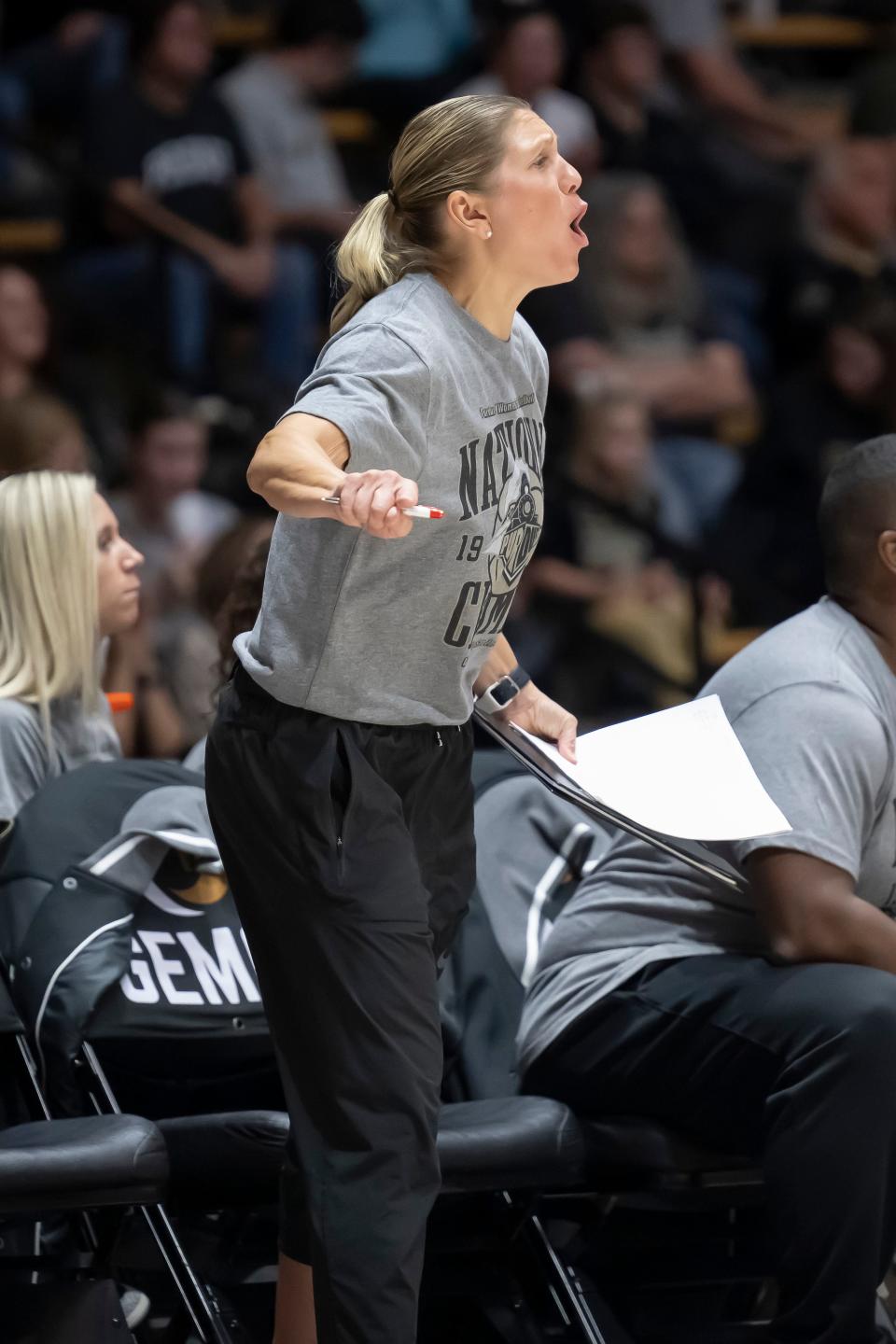 Purdue assistant coach Kelly Komara directs the team during the NCAA women’s basketball game against the Southern Jags, Sunday, Nov. 12, 2023, at Mackey Arena in West Lafayette, Ind. Purdue won 67-50.