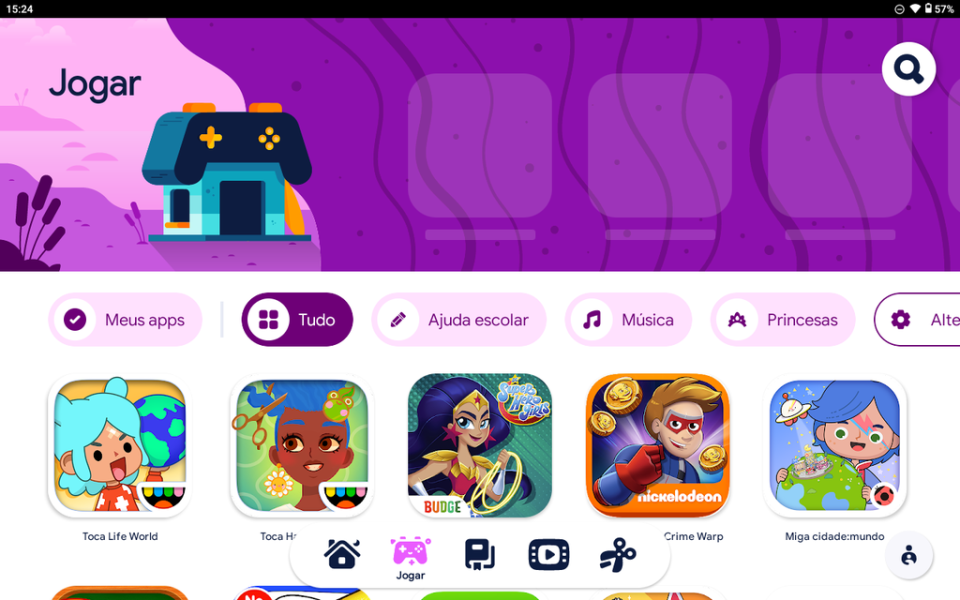 Além da central de entretenimento, o Moto Tab G70 traz ainda o Google Kids Space, que concentra conteúdo voltado para o público infantil (Imagem: Amanda Abreu/Canaltech)