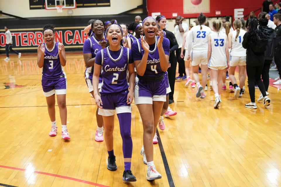 Pickerington Central's Rylee Bess (2) and Zoe Coleman (4) celebrate their team's regional semifinal win over Olentangy Liberty on Tuesday night.