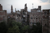 General view of a rains-collapsed UNESCO-listed building in the old city of Sanaa, Yemen, Wednesday, Aug 10, 2022. (AP Photo/Hani Mohammed)