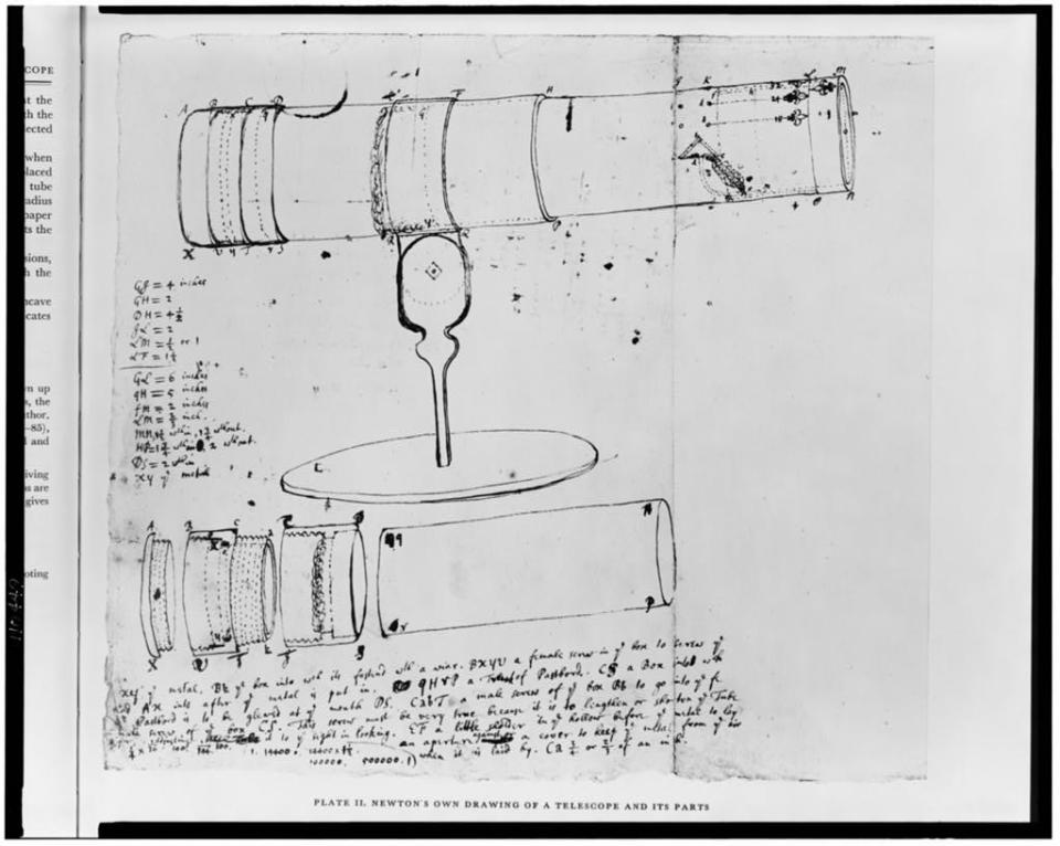 Sketch of Newton’s telescope. Image Source: Library of Congress Washington, D.C. 20540 USA. Digital ID: cph 3c10449 //hdl.loc.gov/loc.pnp/cph.3c10449 LCCN Link: <a href="https://lccn.loc.gov/2006690472" rel="nofollow noopener" target="_blank" data-ylk="slk:https://lccn.loc.gov/2006690472;elm:context_link;itc:0;sec:content-canvas" class="link ">https://lccn.loc.gov/2006690472</a> 