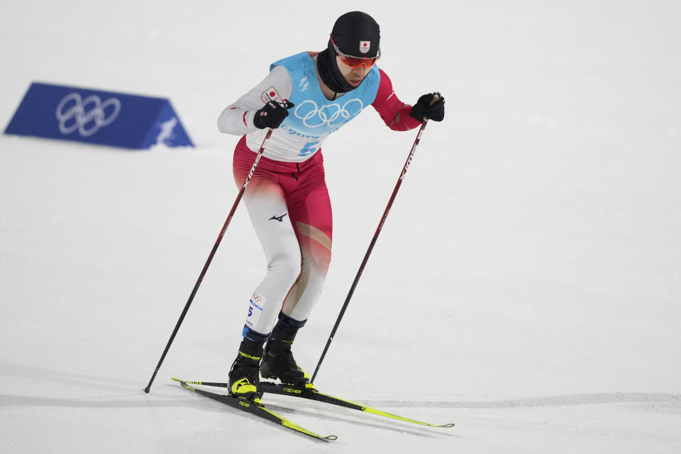 Japan's Akito Watabe competes during the cross-country skiing portion of the individual Gundersen large hill/10km competition at the 2022 Winter Olympics, Tuesday, Feb. 15, 2022, in Zhangjiakou, China. (AP Photo/Aaron Favila)