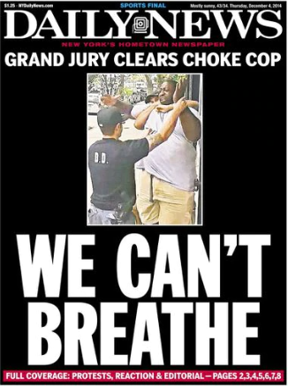 當年以鎖後術壓制加納致死的警察潘塔里奧獲不起訴引爆民眾示威抗議。《紐約郵報》當時的頭版以「我們不能呼吸」為標題，對判決結果表示不滿。（網路截圖：NY Post）