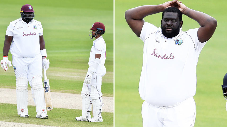 Rahkeem Cornwall, pictured here batting for West Indies against England.