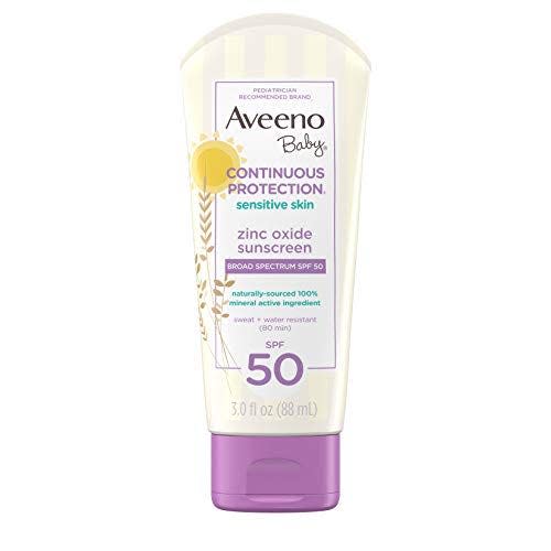 <p><strong>Aveeno</strong></p><p>amazon.com</p><p><strong>$9.97</strong></p><p><a href="https://www.amazon.com/dp/B07RN6TSKF?tag=syn-yahoo-20&ascsubtag=%5Bartid%7C2141.g.20114917%5Bsrc%7Cyahoo-us" rel="nofollow noopener" target="_blank" data-ylk="slk:Shop Now" class="link ">Shop Now</a></p><p>Water resistant for 80 minutes, this mineral sunscreen<strong> contains 100% zinc oxide for broad spectrum SPF 50 protection,</strong> along with oat extract to soothe and moisturize the skin. While the lotion feels thick at first, it absorbs quickly with a non-greasy finish. It’s also free of fragrances, parabens, dyes, and phthalate, earning the NEA Seal of Acceptance. No need to worry about stinging the skin with this one!</p>