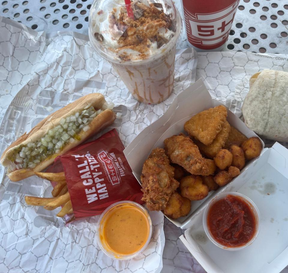 Sheetz hot dog, fries, boom boom sauce, Butterfinger milkshake, appetizer sampler, marinara sauce and burrito, 5323 Ramsey St.