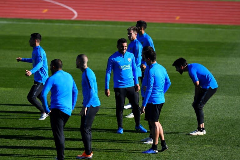 Carlos Tevez with his Boca Juniors teammates at a training session at the Spanish Football Federation (RFEF) headquarters in Las Rozas, Madrid