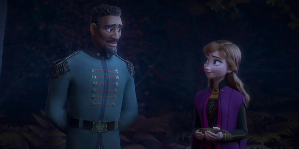 Lt. Mattias (Sterling K. Brown) and Anna (Kristen Bell) in "Frozen 2" (Disney)