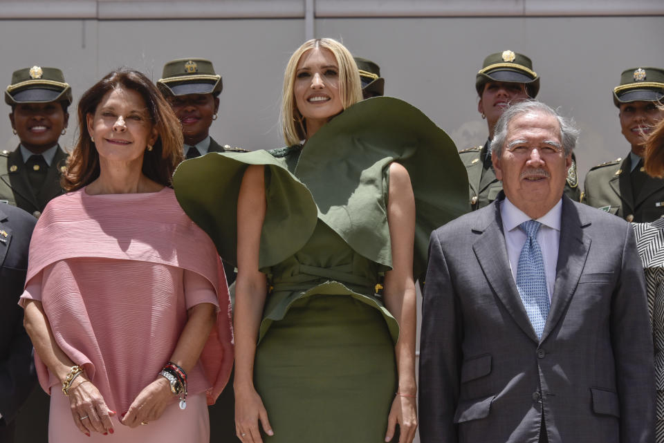 BOGOTA, COLOMBIA - SEPTEMBER 03: Advisor to the US President Ivanka Trump (C) poses for the family photo along with Vice President of Colombia Marta Lucia Ramirez (L) and Colombia's Minister of National Defense Guillermo Botero (R) after a meeting with female police cadets at General Santander National Police Academy on September 03, 2019 in Bogota, Colombia. (Photo by Guillermo Legaria Schweizer/Getty Images)