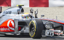 McLaren Mercedes driver Lewis Hamilton of Britain celebrates after winning the Canadian Formula One Grand Prix on June 10, 2012 at the Circuit Gilles Villeneuve in Montreal. AFP PHOTO/ROGERIO BARBOSAROGERIO BARBOSA/AFP/GettyImages