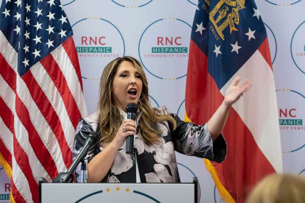 PHOTO: Republican National Committee Chair Ronna McDaniel gives remarks to a packed room at the opening of the RNC's new Hispanic Community Center in Suwanee, Ga., on June 29, 2022. (Ben Gray/AP)