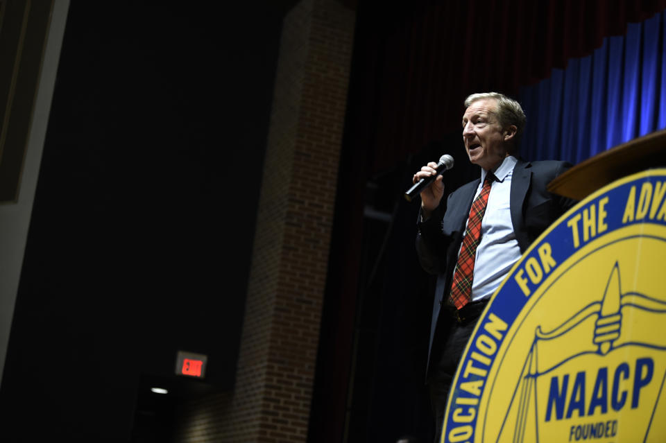 Democratic presidential hopeful Tom Steyer speaks, Sunday, Jan. 19, 2020, at an NAACP rally at South Carolina State University in Orangeburg, S.C. (AP Photo/Meg Kinnard)