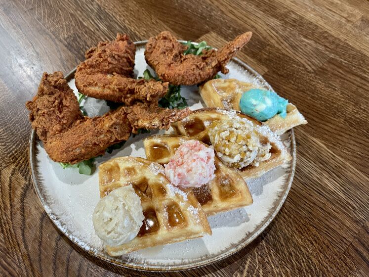 The fried chicken and waffles from The Court Cafe in Westchester.