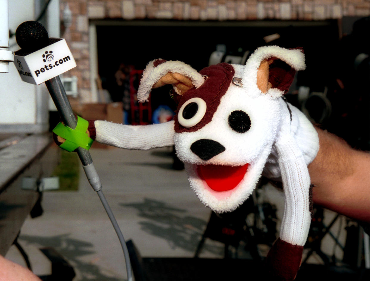 The pets.com sock puppet dog stars in a commercial for the company, Los Angeles, California, January 11, 2000.  The San Francisco-based pet products company announced on November 7, 2000 that it was shutting down after failing to secure a financial backer or buyer.  (Photo by Bob Riha/Liaison/Getty Images)