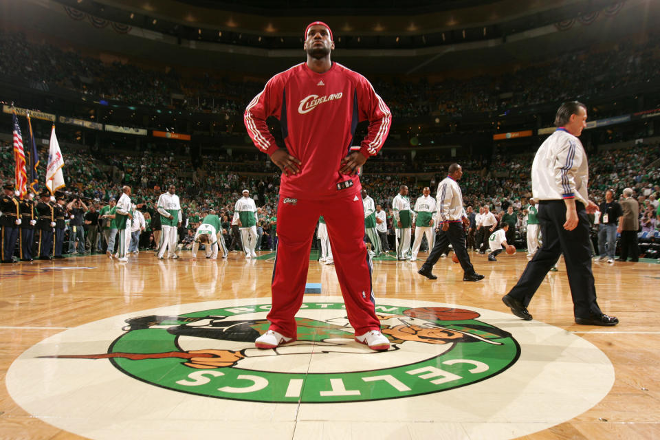 BOSTON - MAY 18: LeBron James #23 of the Cleveland Cavaliers gets ready for Game Seven of the Eastern Conference Semifinals against the Boston Celtics during the 2008 NBA Playoffs at TD Banknorth Garden on May 18, 2008 in Boston, Massachusetts.&nbsp;