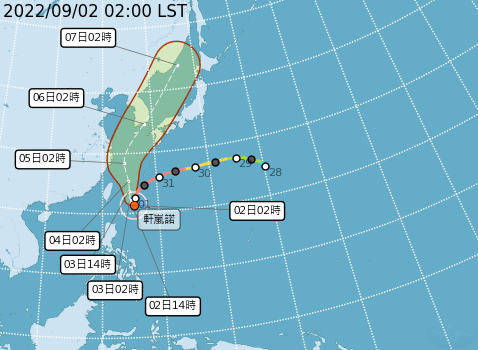 強烈颱風軒嵐諾今天凌晨2時的中心位置，在花蓮東南方520公里海面上，以每小時5轉6公里速度，向西北轉北進行。   圖：中央氣象局/提供