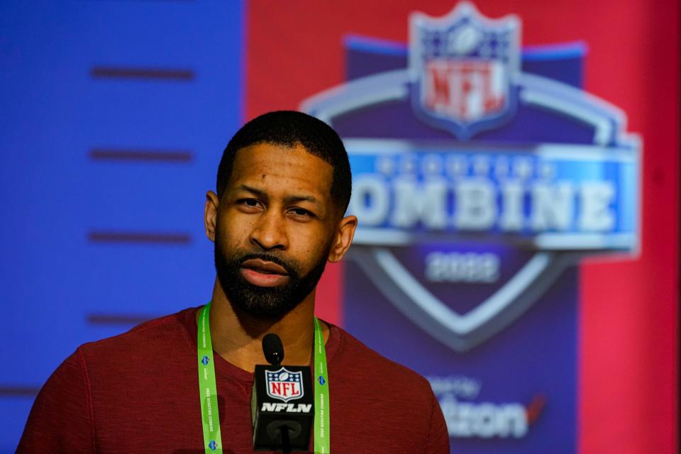 Cleveland Browns general manager Andrew Berry speaks during a press conference at the NFL football scouting combine in Indianapolis in 2022.