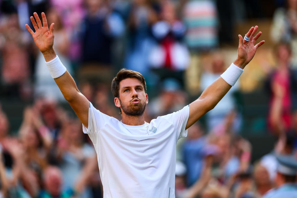 Cameron Norrie, pictured here celebrating after his victory over David Goffin at Wimbledon.