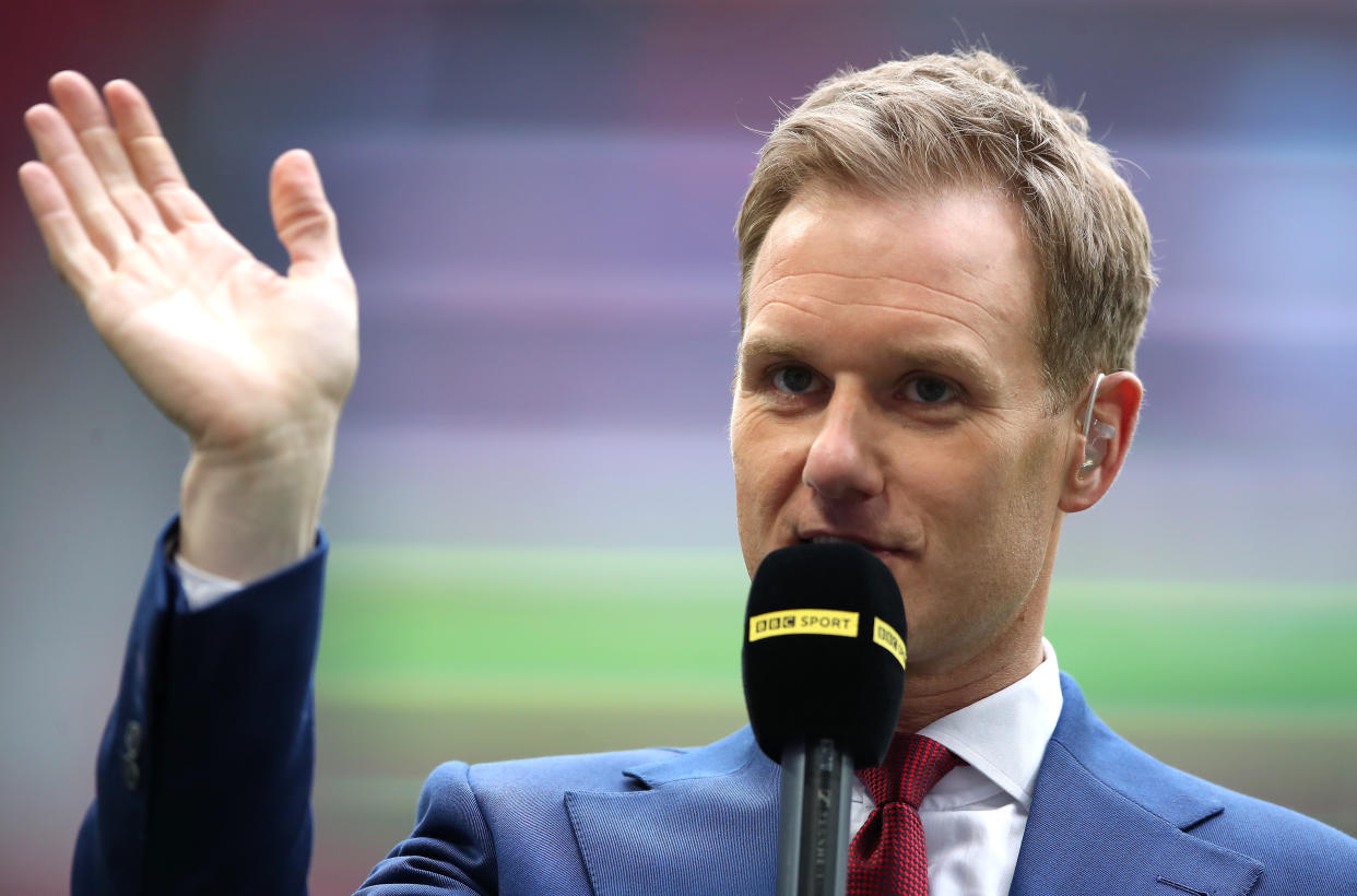 BBC Sport presenter Dan Walker during the FA Cup semi final match at Wembley Stadium, London. (Photo by Nick Potts/PA Images via Getty Images)