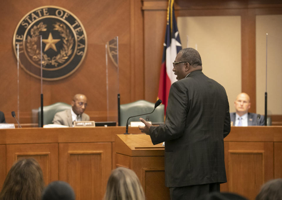State Sen. Royce West, D-Dallas, testifies in favor of the George Floyd Act during a hearing of the Texas House Committee on Homeland Security and Public Safety at the Capitol in Austin, Texas, on Thursday March 25, 2021. George Floyd's killing last year and the protests that followed led to a wave of police reforms in dozens of states, from changes in use-of-force policies to greater accountability for officers. At the same time, lawmakers in a handful of states have had success addressing racial inequities. West, one of the state's most prominent Black lawmakers, acknowledges the George Floyd Act faces long odds in the Republican-dominated Legislature. (Jay Janner /Austin American-Statesman via AP)
