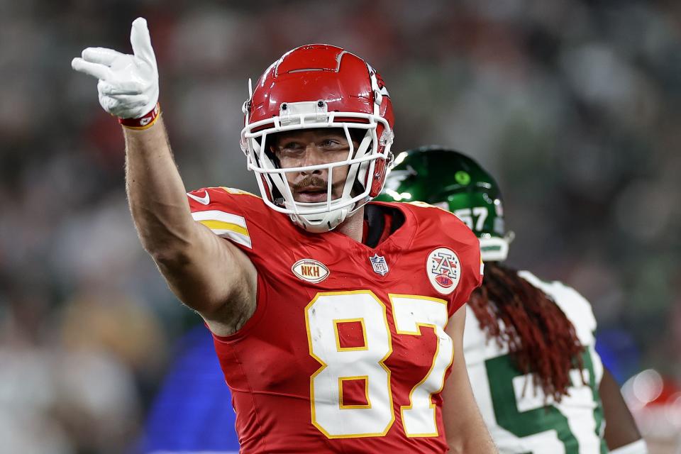 Kansas City Chiefs tight end Travis Kelce reacts during game against the New York Jets, Sunday, Oct. 1, 2023, in East Rutherford, N.J. | Adam Hunger, Associated Press
