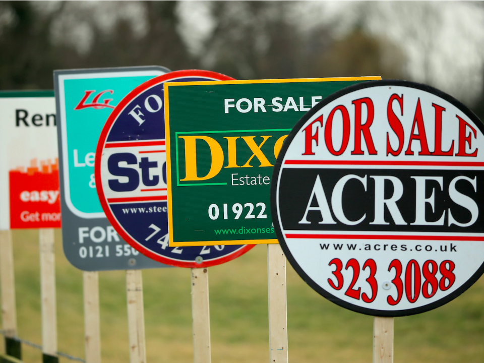 In this photo illustration an array of property For Sale marketing boards are erected at sign manufacturers Real Estate Advertising Ltd on March 11, 2015 in Tamworth, England. (Photo by )
