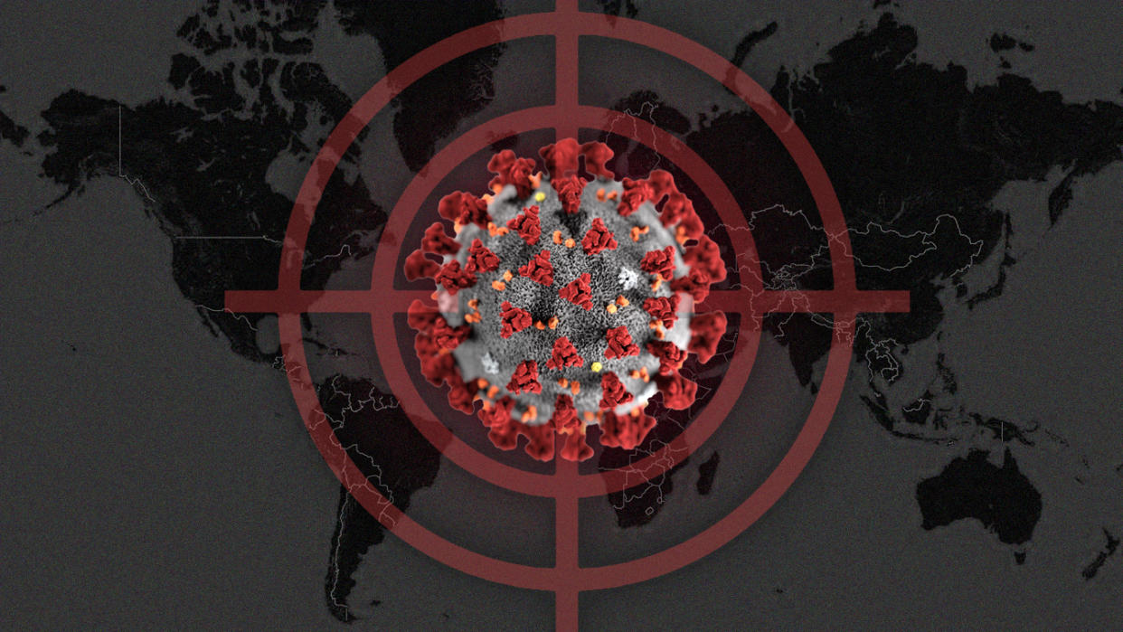 World map with coronavirus graphic in crosshairs