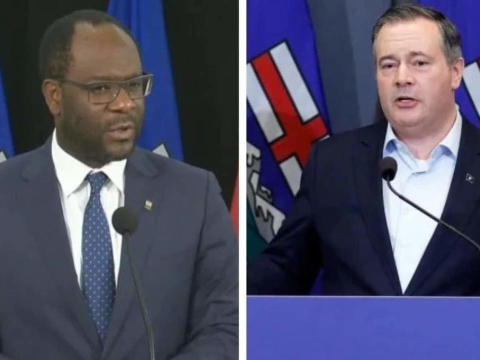 Kaycee Madu, left, was fined for distracted driving in March 2021 and called Edmonton's police chief to discuss the ticket. On Thursday, Alberta Premier Jason Kenney said he knew about his justice minister's ticket at the time.  (CBC, Larry MacDougal/The Canadian Press - image credit)