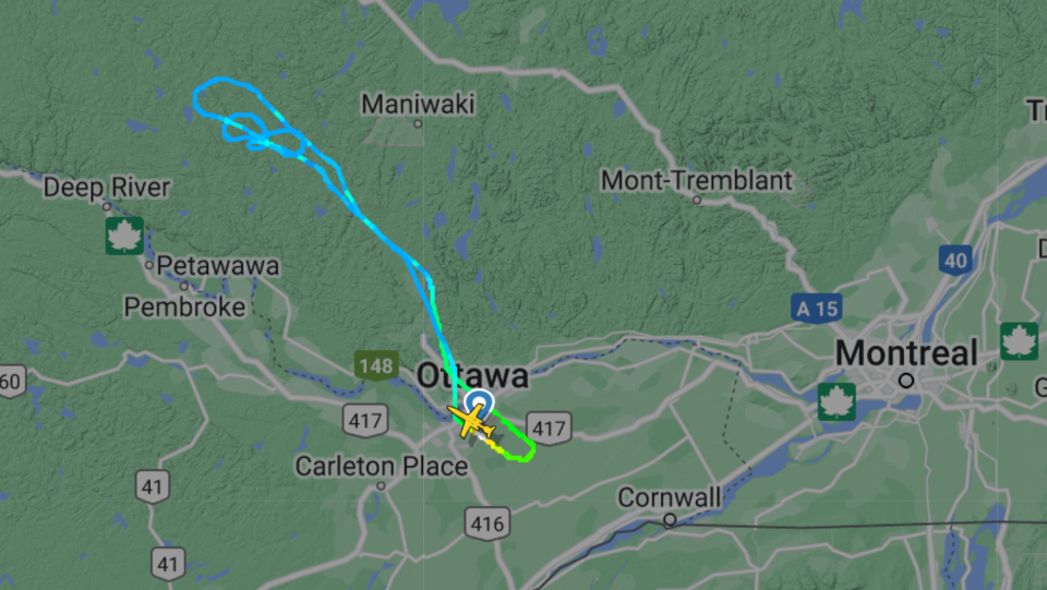 a map of the region around ottawa. a plane icon is visible below the word 