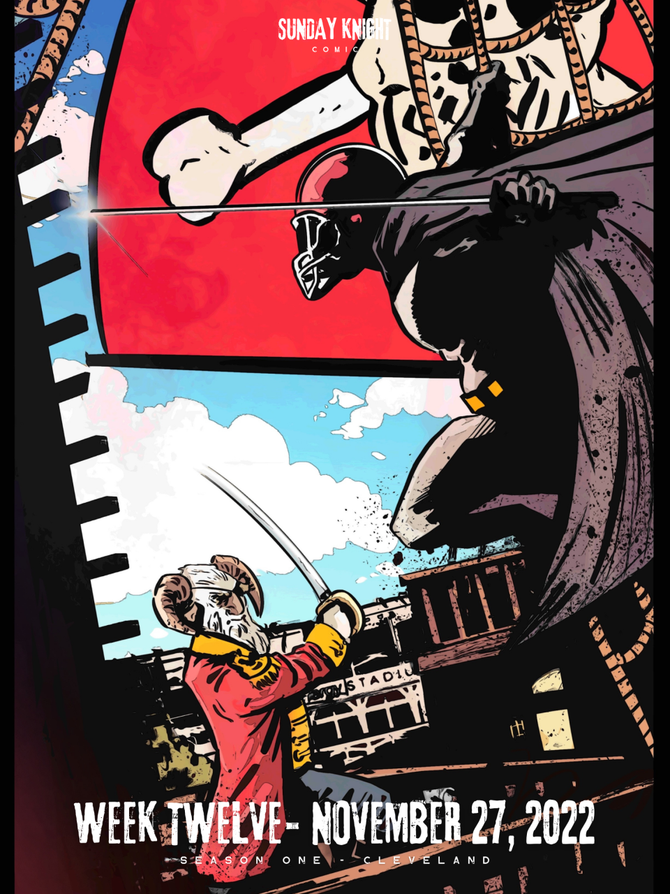 Nick Chubb's Batman character in Sunday Knight Comic before the Cleveland Browns played the Tampa Bay Buccaneers in Week 12 of the 2022 NFL season.