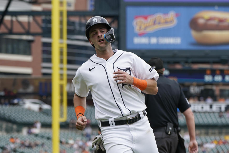 Detroit Tigers' Zack Short scores during the fourth inning of a baseball game against the Oakland Athletics, Thursday, July 6, 2023, in Detroit. (AP Photo/Carlos Osorio)