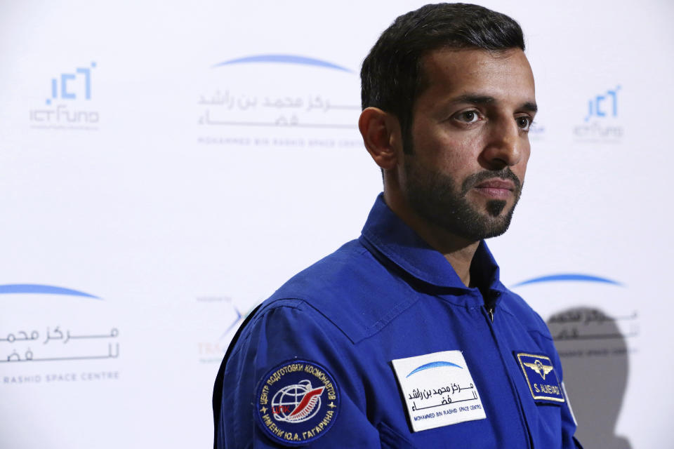 Emirati astronaut Sultan al-Neyadi is interviewed by The Associated Press in Dubai, United Arab Emirates, Monday, Feb. 25, 2019. The UAE said on Monday it will send either al-Neyadi or astronaut Hazza al-Mansoori to the International Space Station on Sept. 25 aboard a Russian Soyuz rocket. The UAE has a fledgling space program with big ambitions. (AP Photo/Jon Gambrell)