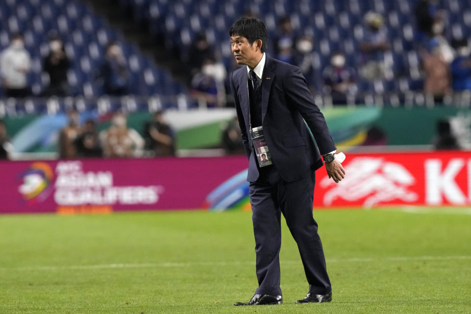 FILE - Japan's head coach Hajime Moriyasu greets the spectators after Japan won over Australia during their World Cup 2022 group B qualifying soccer match, at Saitama Stadium 2002 in Saitama, north of Tokyo, Tuesday, Oct. 12, 2021. (AP Photo/Shuji Kajiyama, File)