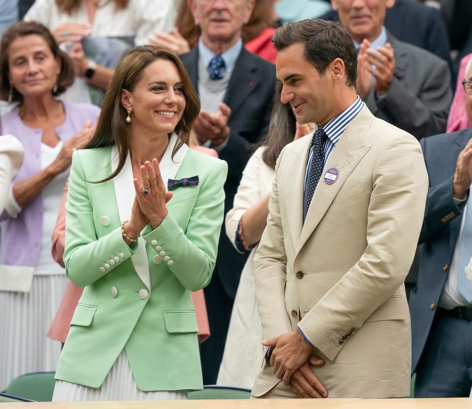 Roger Federer, eight-time Wimbledon champion, is honored in the Royal Box on Day 2 at Wimbledon. Also in attendance in the box were The Princess of Wales.