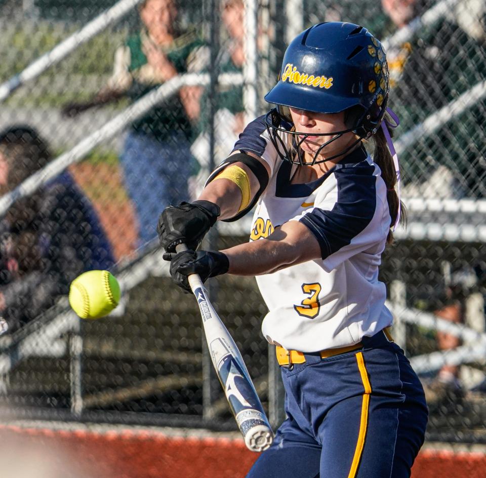 Mooresville's Alexandra Cooper (3) bats during a game between the Center Grove High School Trojans and the Mooresville High School Pioneers on Monday, May 23, 2022, at Mooresville Schools in Ind. 