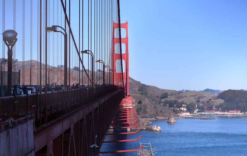 SAN FRANCISCO, CA - DECEMBER 30, 2019 - Poles that will eventually hold a suicide net jut out from the Golden Gate Bridge in San Francisco, California on December 30, 2019. (Josh Edelson/For the Times)