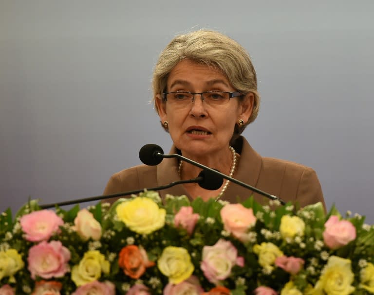 UNESCO Director General Irina Bokova speaks at the Lakshman Kadirgamar Institute in the Sri Lankan capital Colombo on August 16, 2016