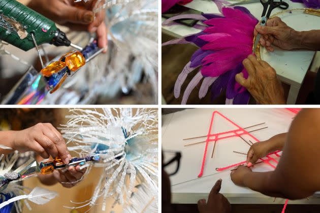 Top left: Orange gems are glued onto a Vibrance Mas Band costume. Top right: Caroline, a team member, glues feathers with the help of scissors onto a Funatik Mas Band costume. Bottom left: Orange gems are added to the Vibrance Mas Band costume. Bottom right: Pink ribbon is added to metal rods to create a back support for the children's Carnival costumes at the Funatik Mas Band costume workshop. (Photo: Clara Watt for HuffPost)