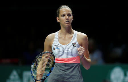 Tennis - WTA Tour Finals - Singapore Indoor Stadium, Singapore - October 22, 2017 Czech Republic's Karolina Pliskova reacts during her group stage match with USA's Venus Williams REUTERS/Edgar Su