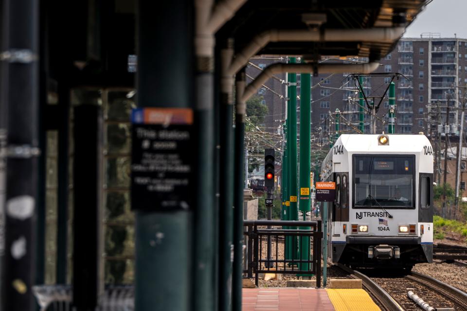 A light rail train pulls into the Grove Street Station in Bloomfield, NJ on Tuesday, July 25, 2023.