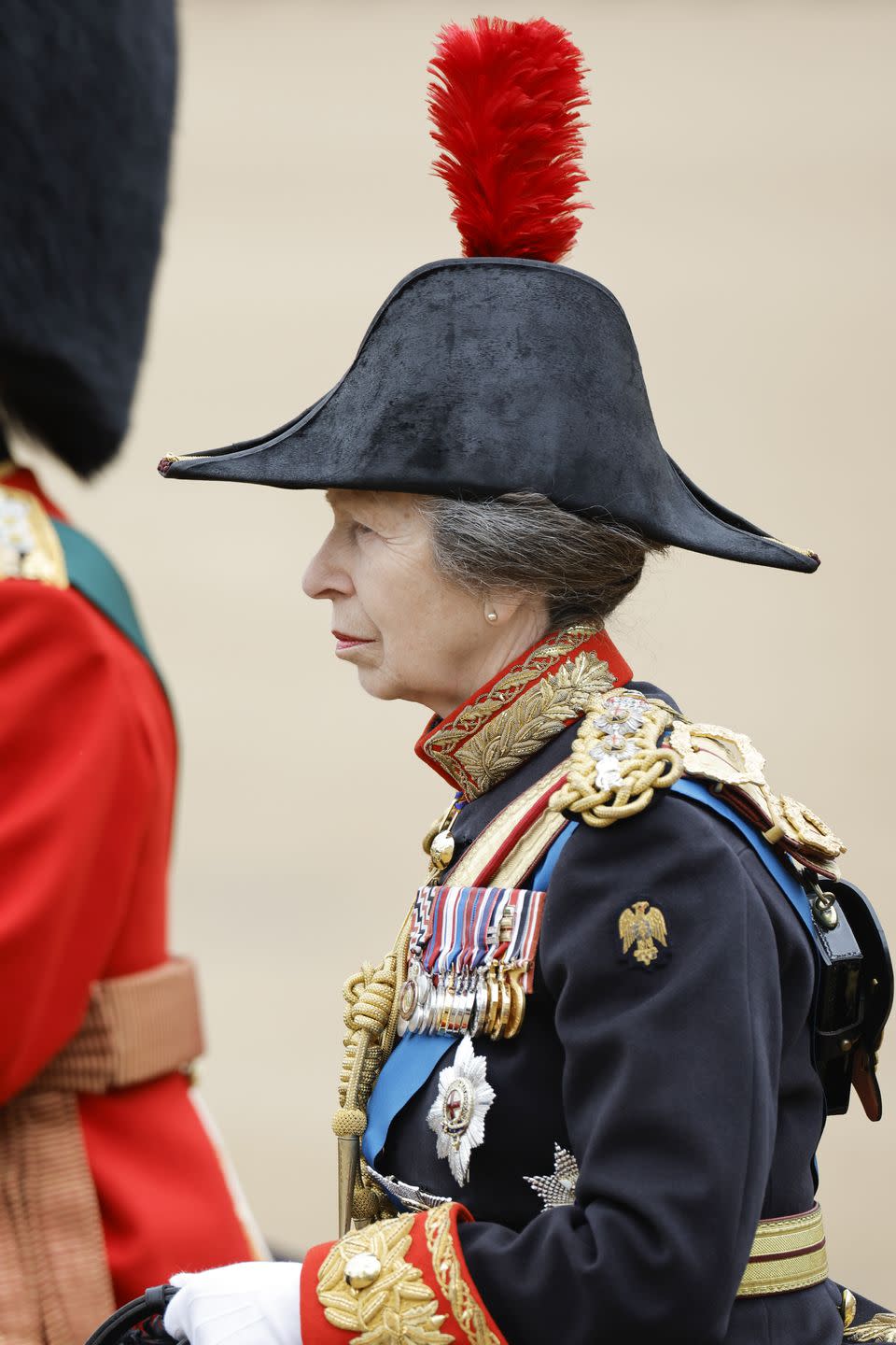 london, england june 15 princess anne, princess royal during trooping the colour at horse guards parade on june 15, 2024 in london, england trooping the colour is a ceremonial parade celebrating the official birthday of the british monarch the event features over 1,400 soldiers and officers, accompanied by 200 horses more than 400 musicians from ten different bands and corps of drums march and perform in perfect harmony photo by john phillipsgetty images